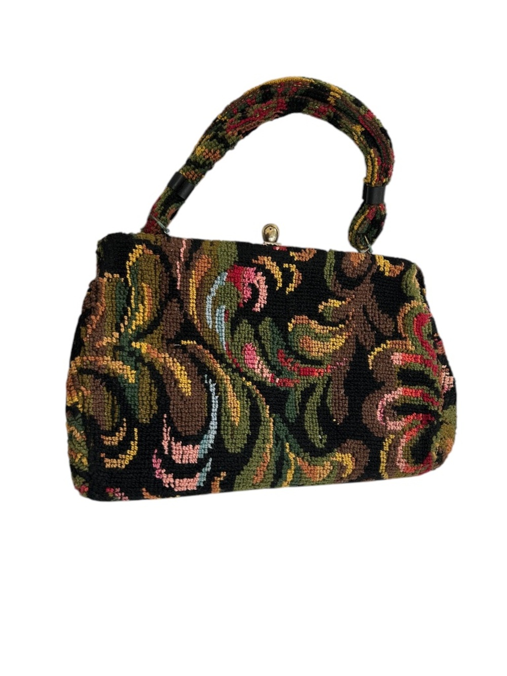 Vintage Spectacular Carpet baggers tapestry black floral top handle purse bag